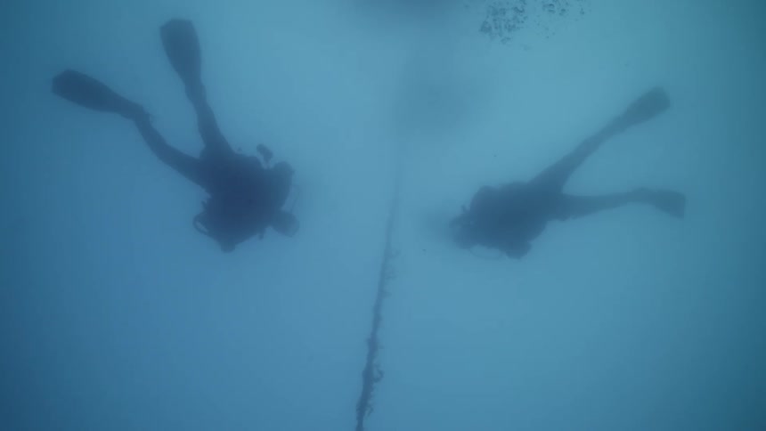 Silhouette of scuba divers floating on the blue ocean water