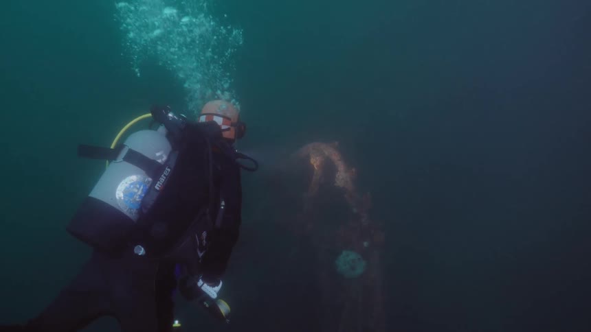 A diver examines a coral formation on the murky sea floor during the day