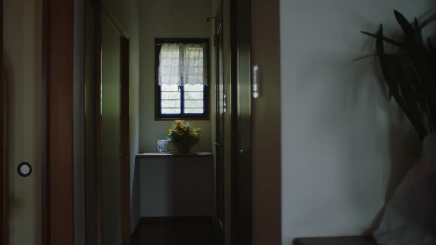 A floral arrangement in a house hallway near a window
