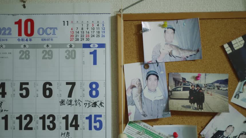 Close up of pictures pinned to a cork board near to a calendar