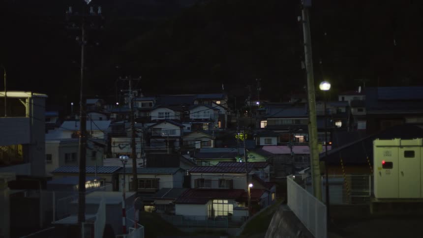 The view is of a small town at night time