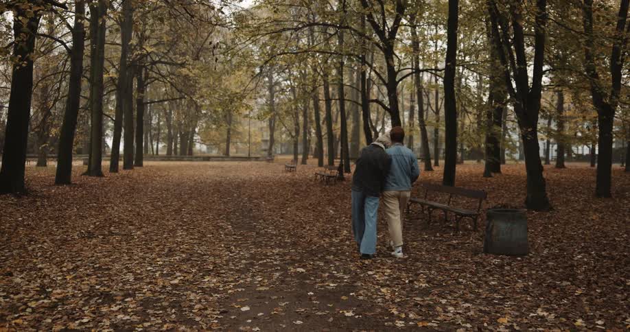 Young couple holding hands walking through the park at fall