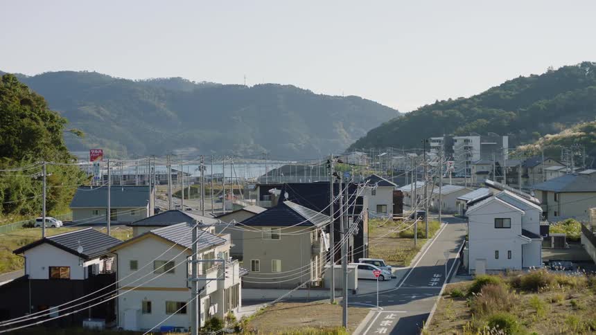 The view is of cars driving down the street in a small town