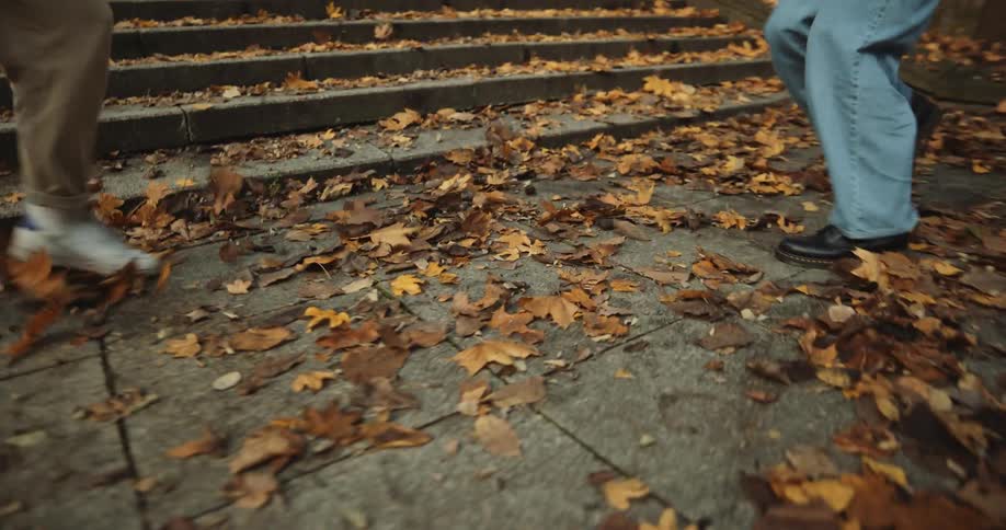 Young happy couple playfully kick dead leafs at each other before running up the stairs on a park