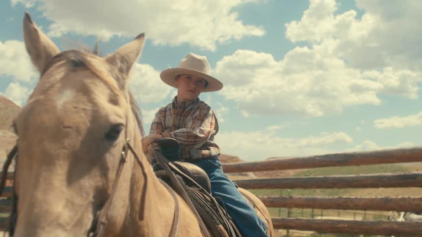A boy sitting on a horse near a fence