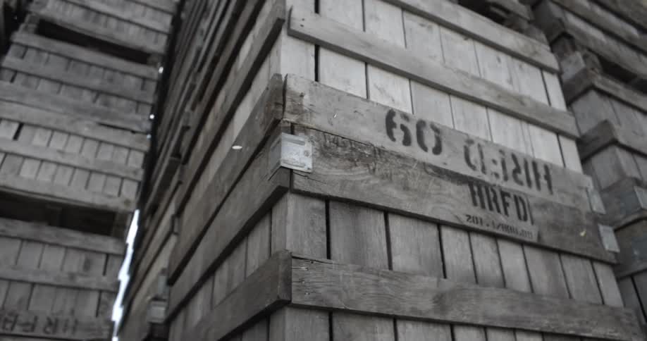 A view of crates stacked in a warehouse