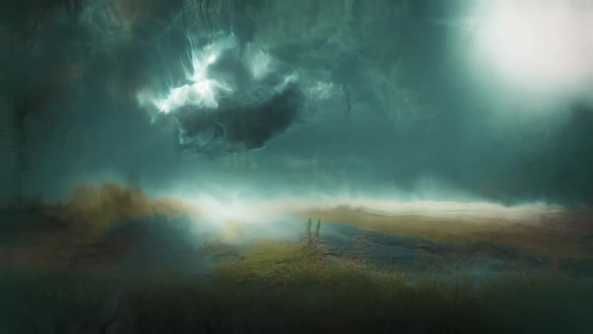 Graphics of the sky and clouds changing into a large tree near woods