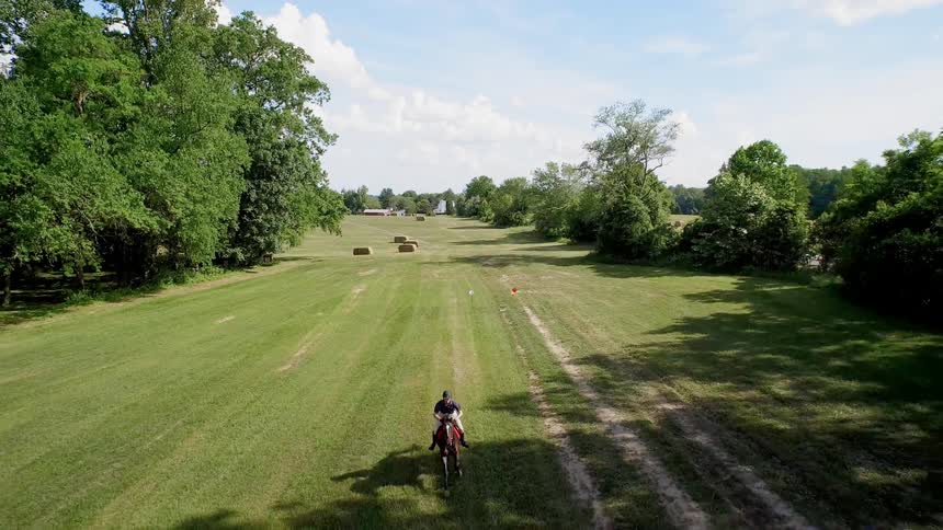 A person races a horse down a grass field