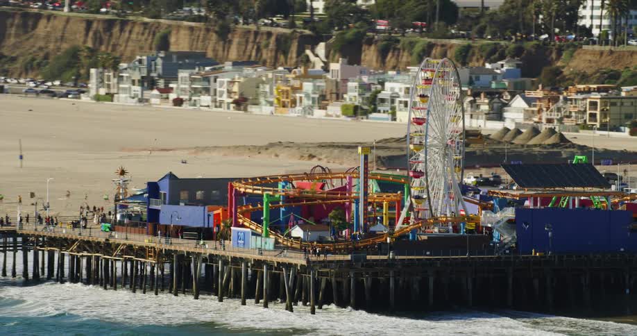 Aerial view of santa monica pier and small amusement park