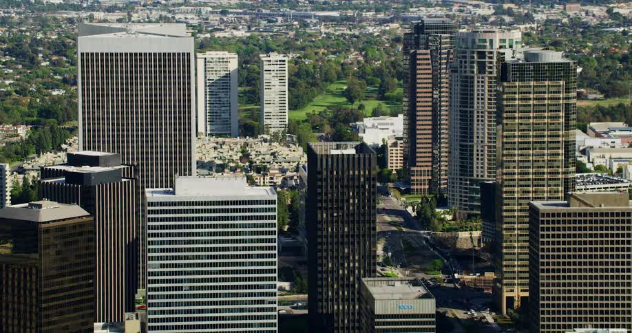 Aerial view of tall modern office buildings in the city