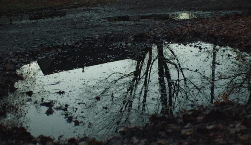 The reflection of the roof of a building and trees in the sky are seen in a water puddle