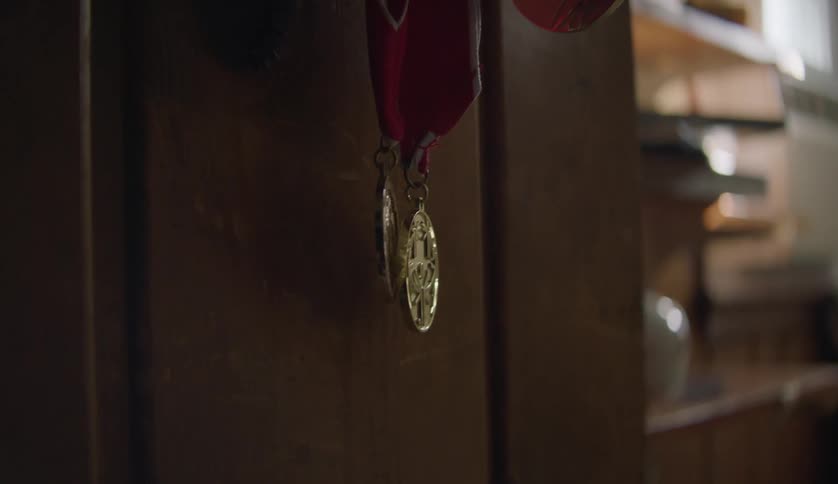Round gold medals hanging on wall in a room