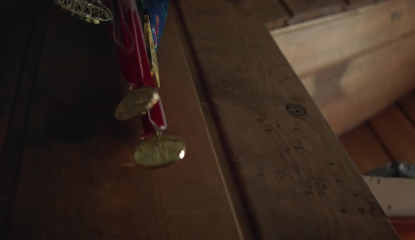 Gold medals hanging on ribbons swing against wood