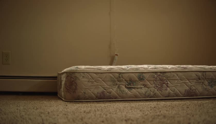 Mattress laying on the carpet in an empty room