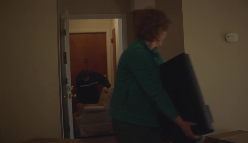 A woman carries a television through the corridor of a house during the day