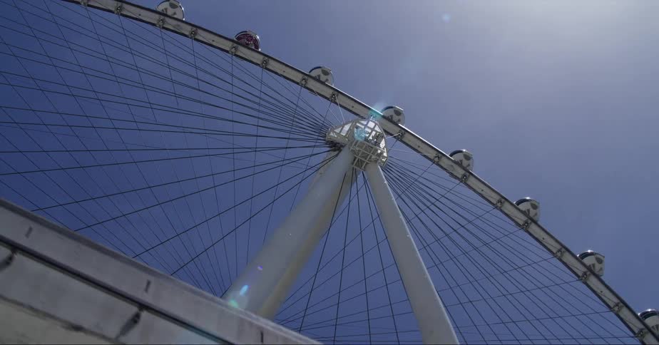 A large ferris wheel towering overhead on a clear sunny day