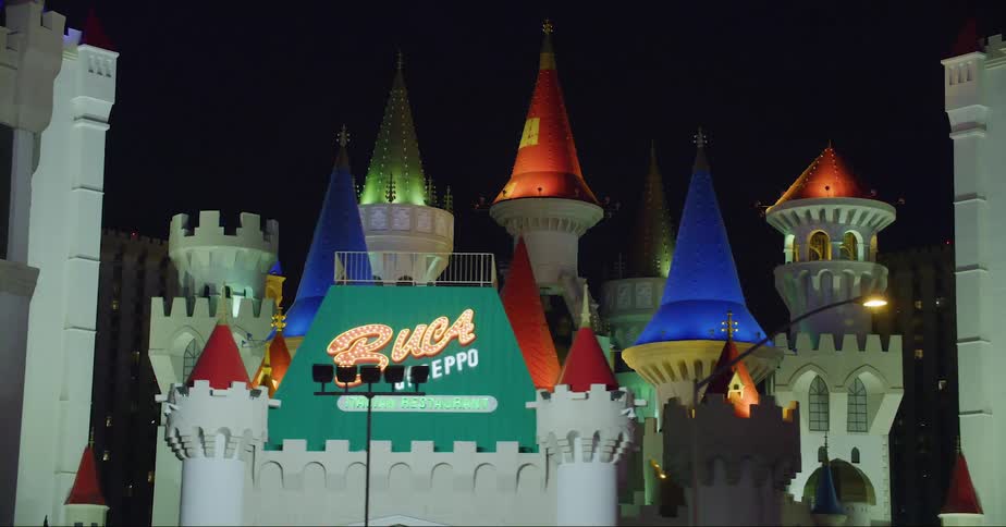 Castle replicas decorate casino near las vegas intersection at night