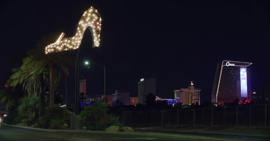 The lighted high heel shoe at night on fremont street in las vegas