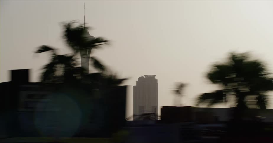 Fog is covering the buildings in the city