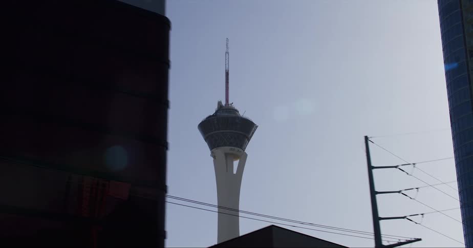 Exterior view of the strat tower and resort in the city