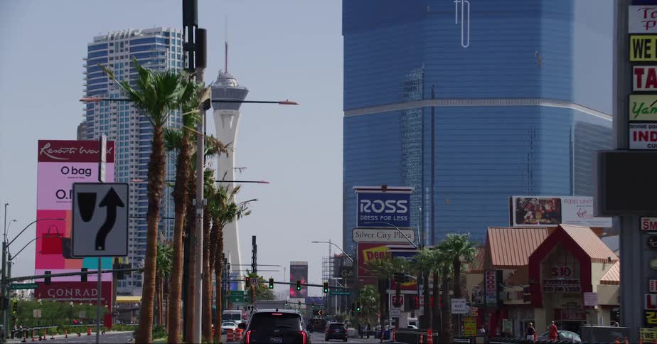 Traffic travels along a large roadway in a metropolis during the day