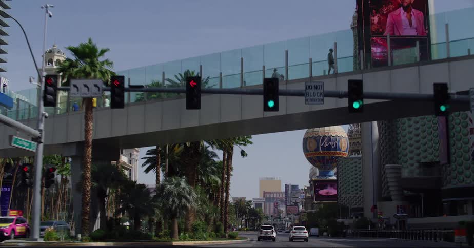Footage of las vegas strip seen from a moving vehicle at daytime