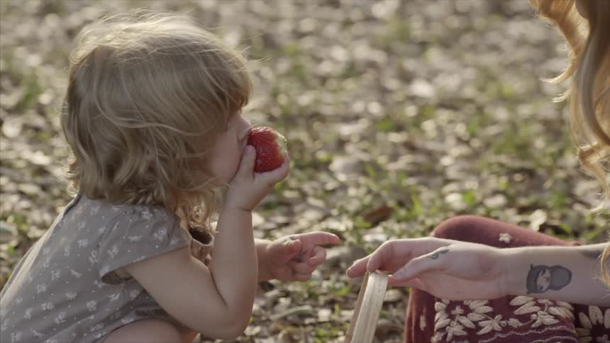A little girl picks leaves from a strawberry, takes a bite and hands it to a woman  to eat