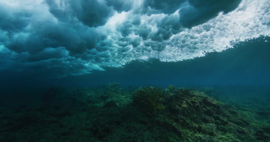 A wave rolls across the ocean causing the sea floor to be covered in shadow
