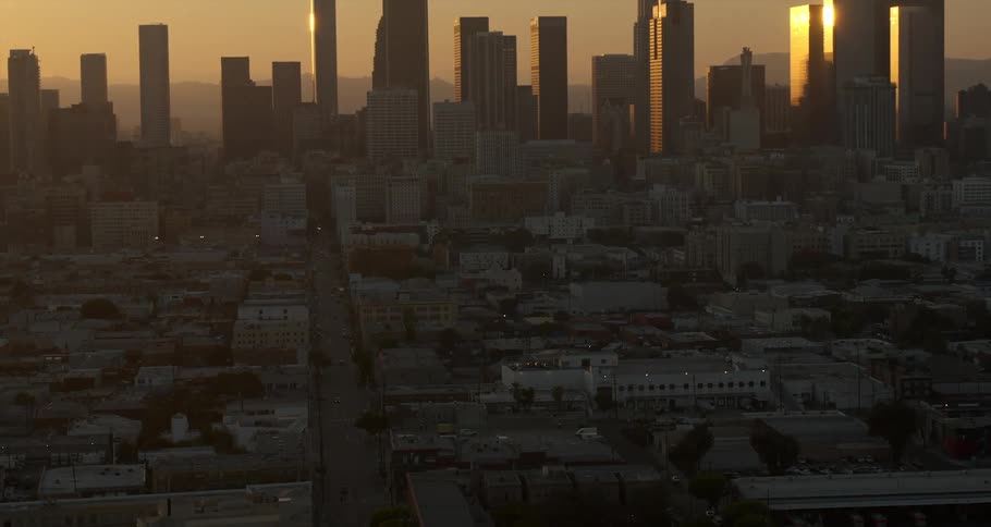 Aerial view of high rise office buildings and houses in the city