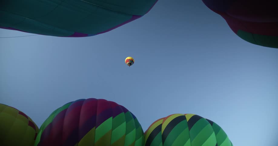 Colorful hot air ballons are sitting on the ground as one is floating high in a clear blue sky