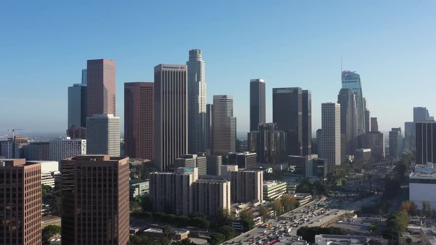 Skyscrapers loom over 110 freeway in Los Angeles