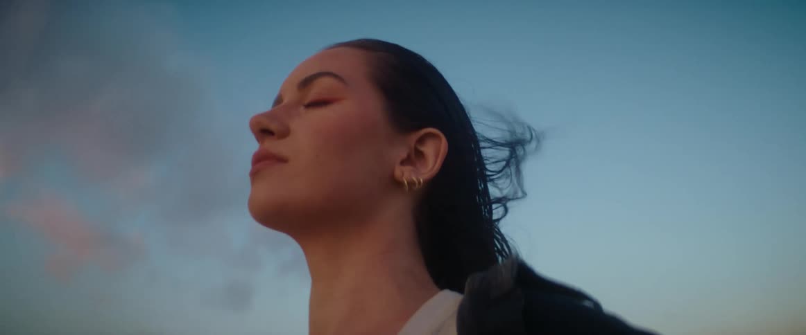 Close up of the face of a woman with her hair floating in the wind at evening