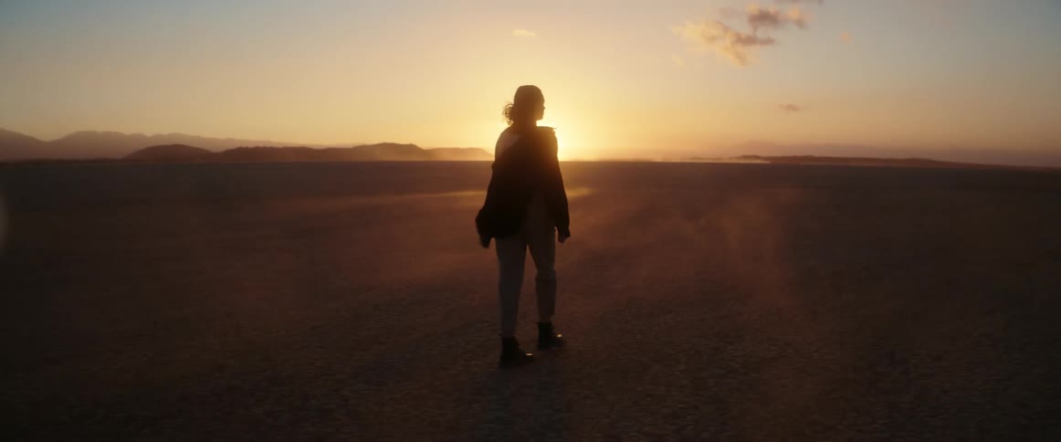 A person walks towards the sun on the horizon in a sandstorm
