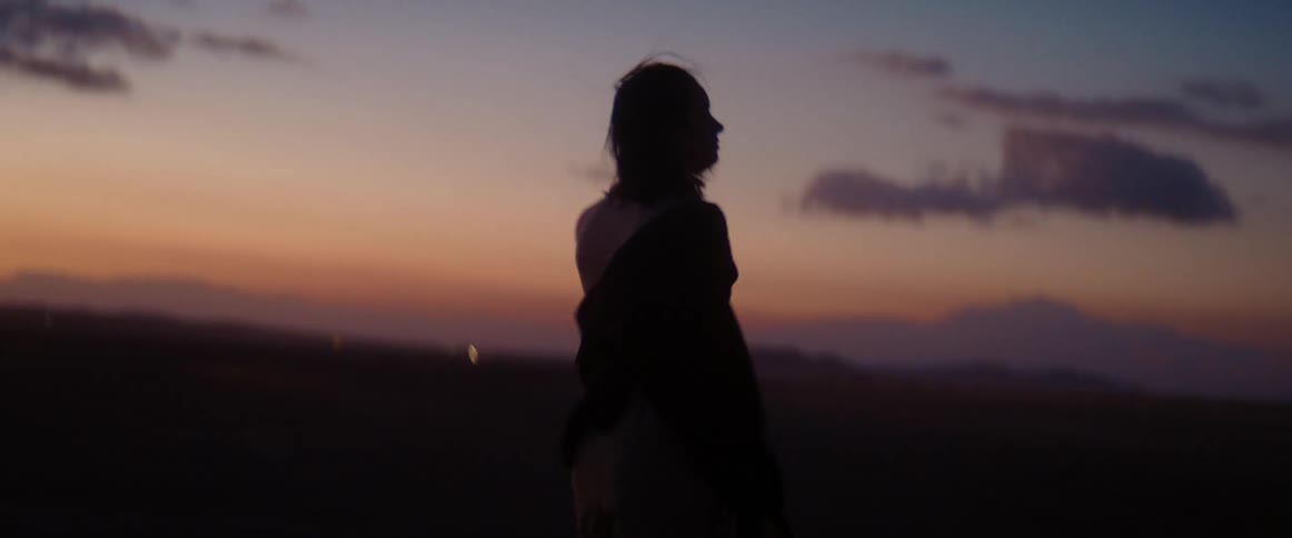 Young woman stands on the desert while the wind blows at evening