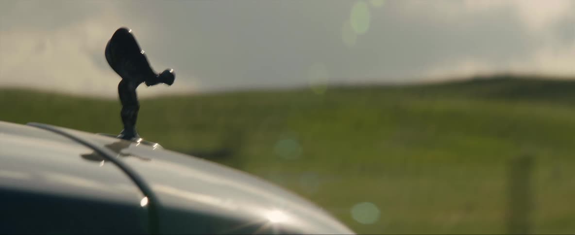 Hood ornament emerges as vehicle drives past fenced pasture