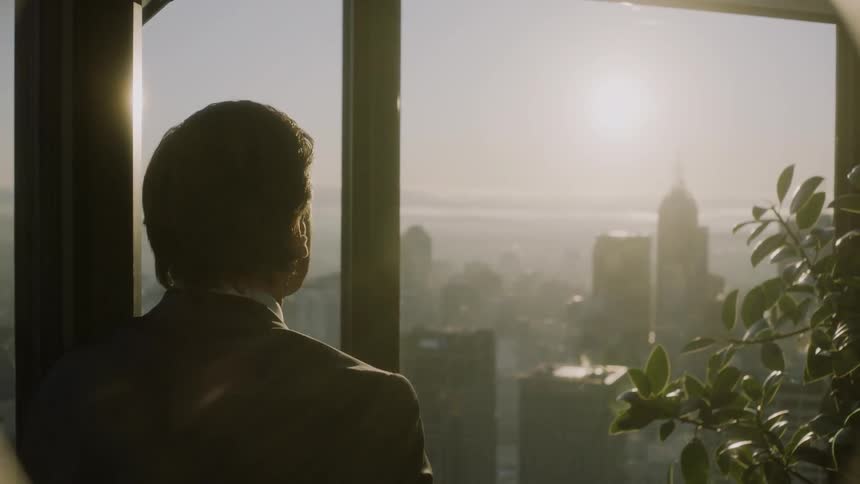 A man looking through a window at a city skyline