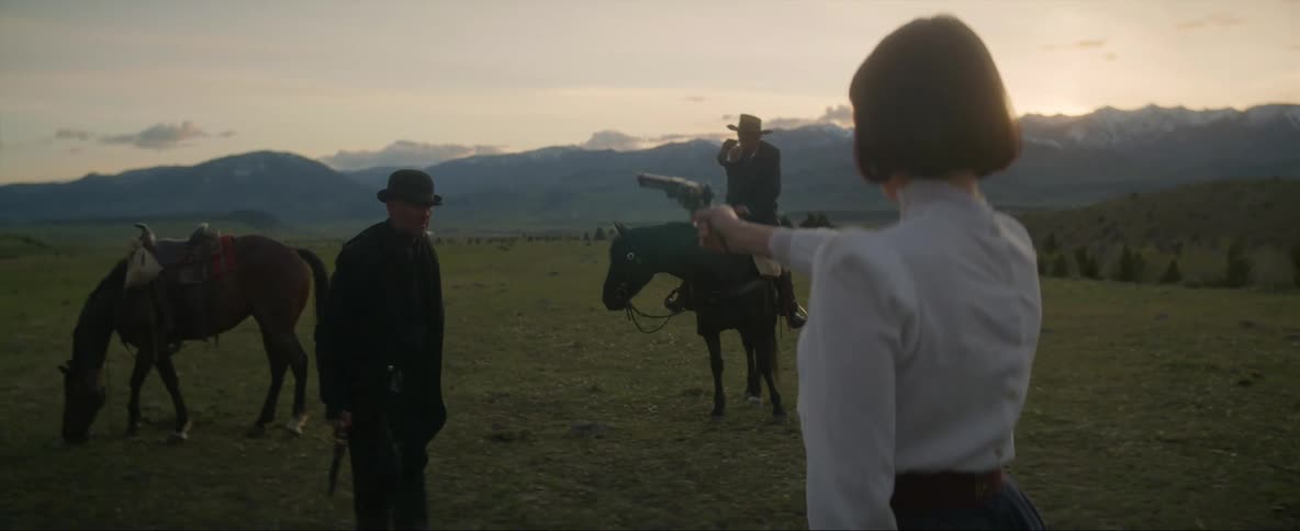Two men and woman are having a standoff and aiming their guns at eachother