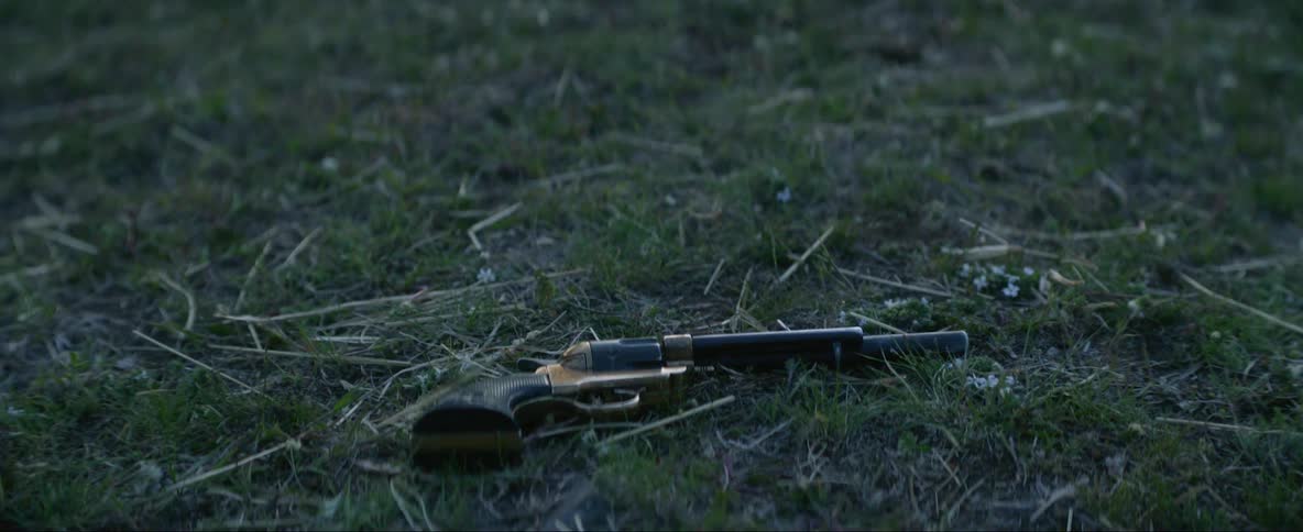 A pistol falls onto the ground and sits in the grass
