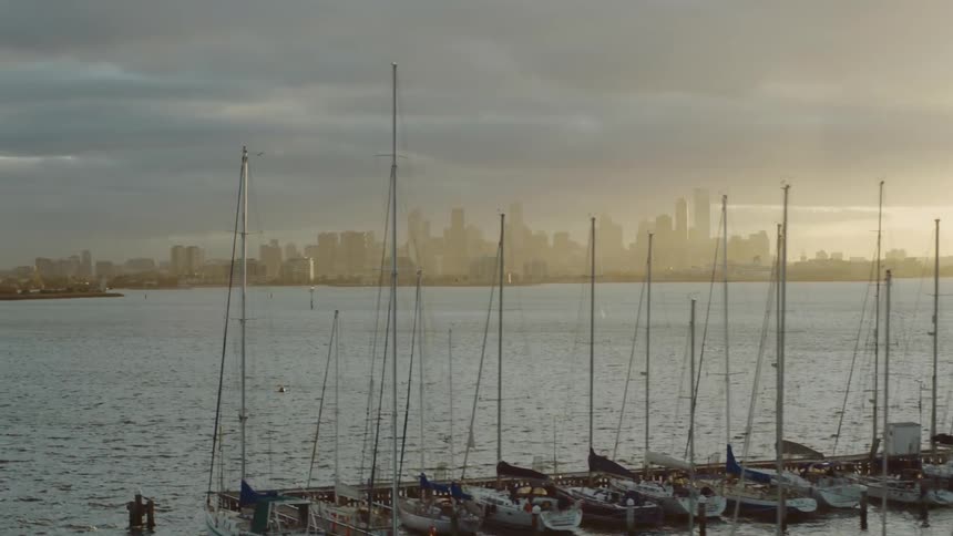 Boats moored at a marina are seen in a bay across from a big city