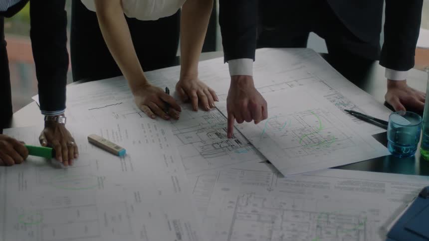 A man and two women discussing blueprints