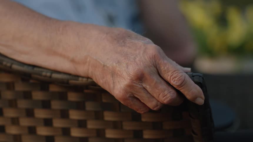 Elderly man with white shirt sits in armchair in the garden