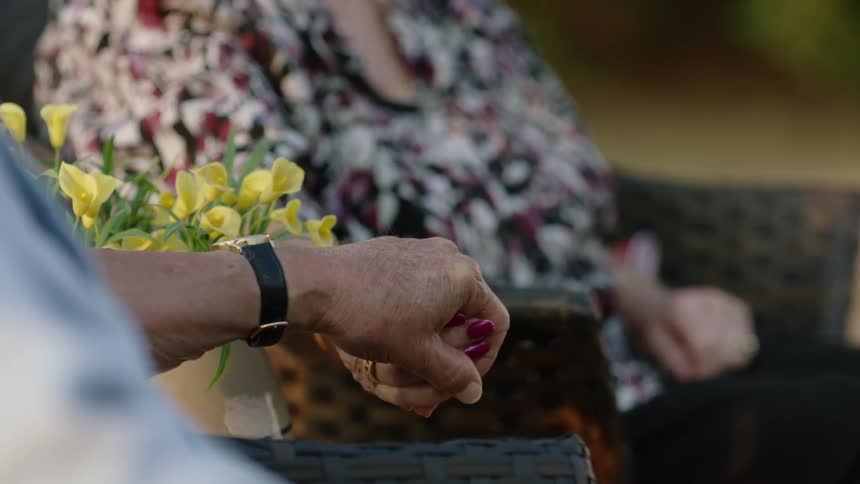 Elderly couple hold hands while sitting next to a vase with flowers at evening