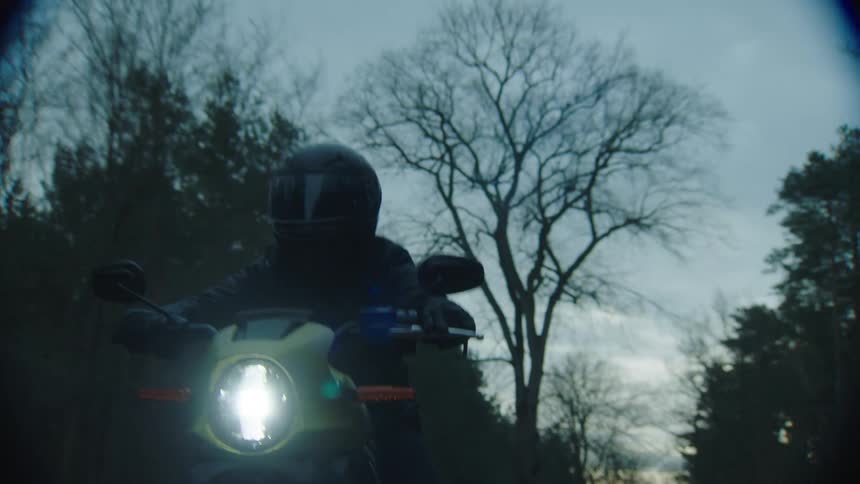 A pair of motorcyclists ride side by side down a road through a woodland in the evening