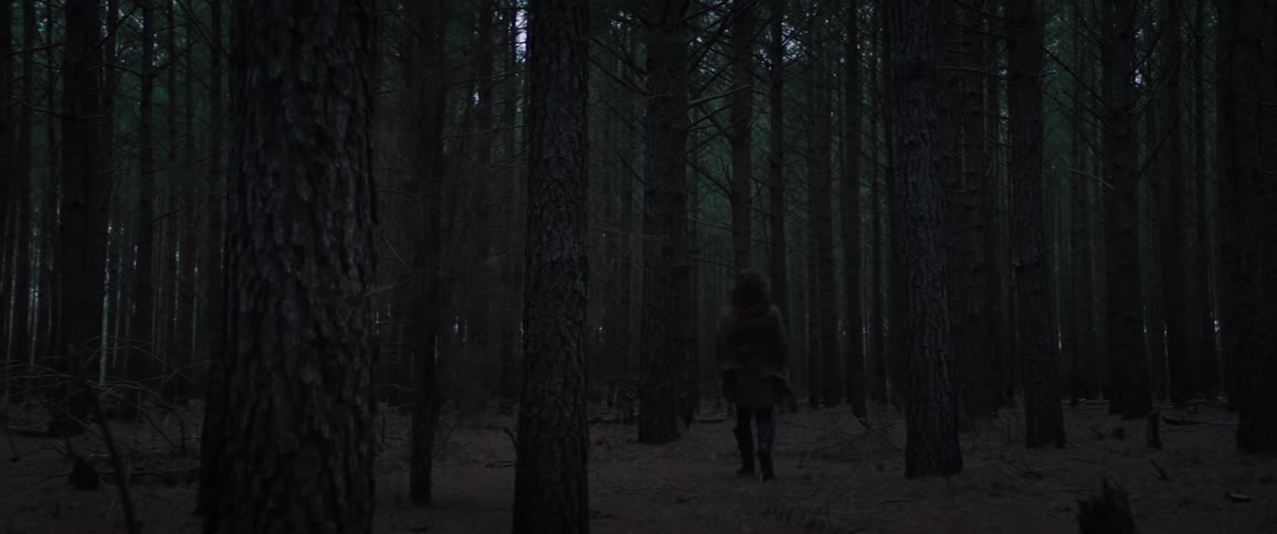 A young medieval man walks through a dark forest