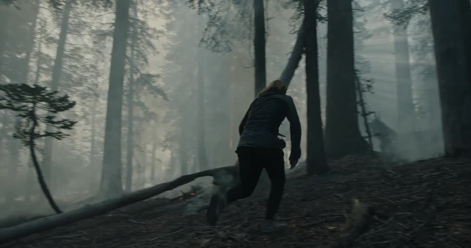 Man wearing face mask yells in smoky forest before running away past burning ground