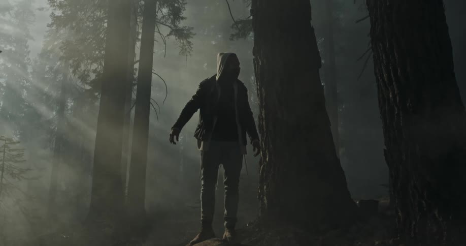 Man wearing hoodie stands on boulder in foggy forest looking around
