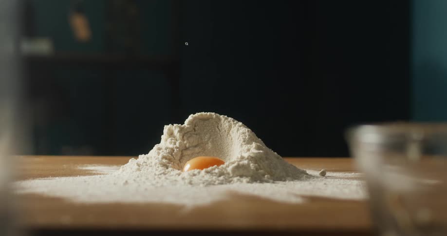 The contents of a single broken egg are dropped onto a pile of flour