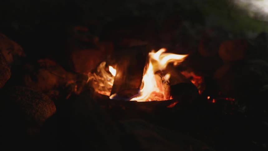 Close up of the flames on a small campfire in the forest at night