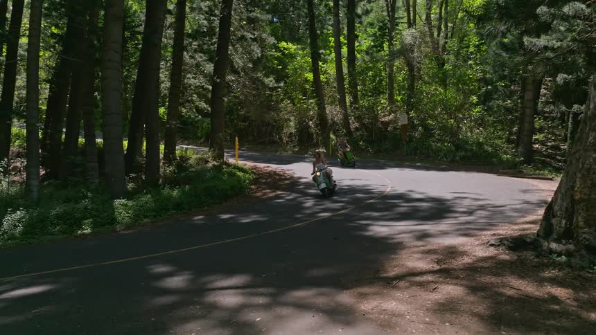 Two people ride mopeds on a road through the forest during the day