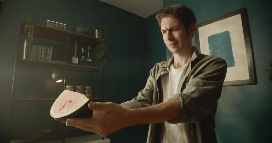 Man stands holding out watermelon wedgeand staring at it with a frown